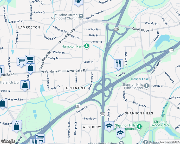 map of restaurants, bars, coffee shops, grocery stores, and more near 3000 Shallowford Drive in Greensboro