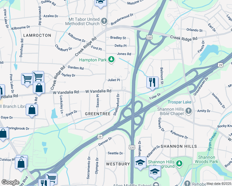 map of restaurants, bars, coffee shops, grocery stores, and more near 3000 Shallowford Drive in Greensboro