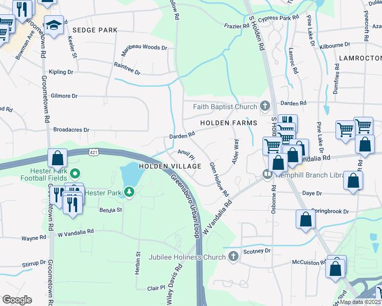 map of restaurants, bars, coffee shops, grocery stores, and more near 3241 Anvil Place in Greensboro