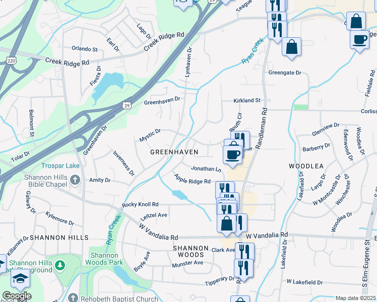 map of restaurants, bars, coffee shops, grocery stores, and more near 681 Mystic Drive in Greensboro