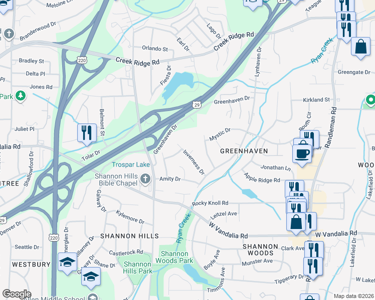 map of restaurants, bars, coffee shops, grocery stores, and more near 3511 Inverness Drive in Greensboro