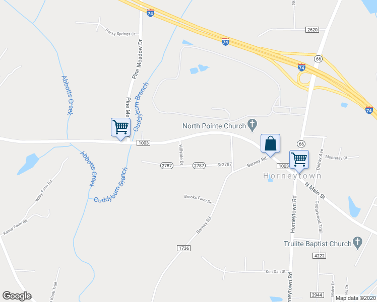 map of restaurants, bars, coffee shops, grocery stores, and more near 2625 Hillside Drive in Kernersville
