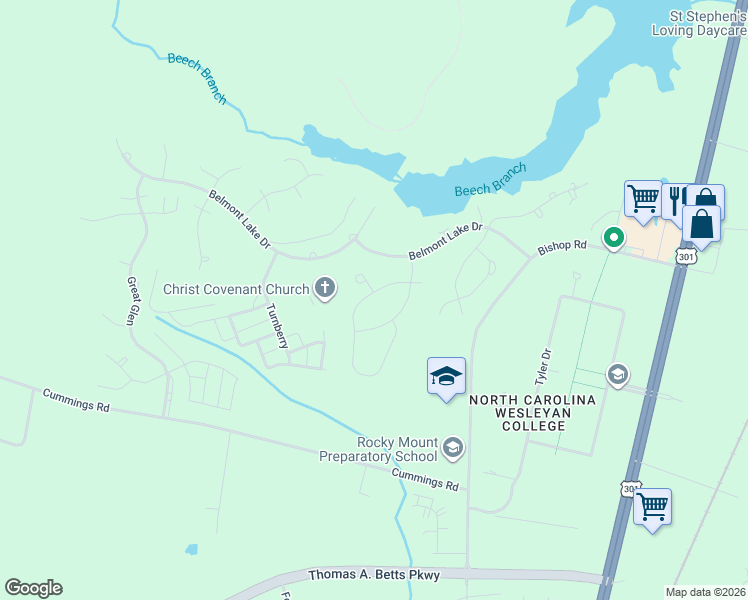 map of restaurants, bars, coffee shops, grocery stores, and more near 617 Chimney Hill Way in Rocky Mount