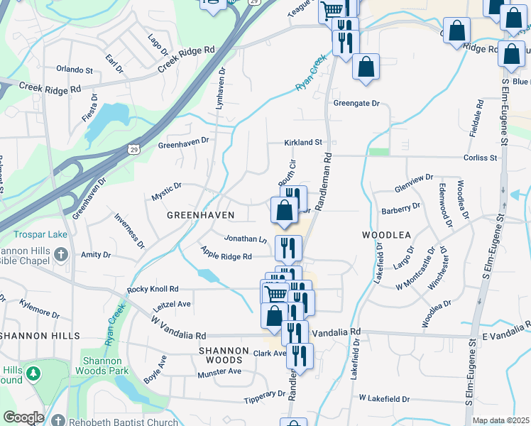 map of restaurants, bars, coffee shops, grocery stores, and more near 521 Mystic Drive in Greensboro