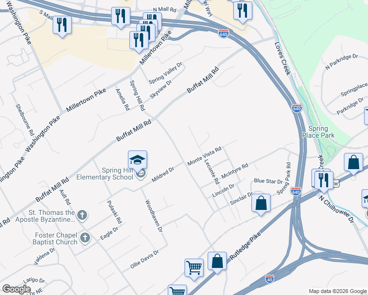 map of restaurants, bars, coffee shops, grocery stores, and more near 2112 Spring Hill Road in Knoxville