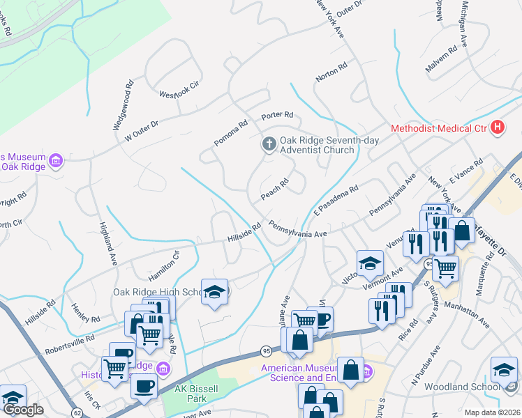 map of restaurants, bars, coffee shops, grocery stores, and more near 612 Pennsylvania Ave in Oak Ridge