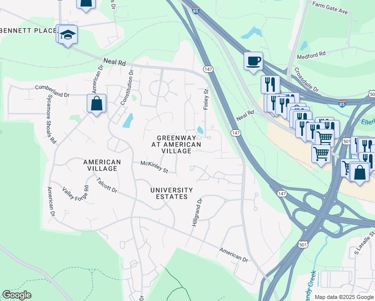 map of restaurants, bars, coffee shops, grocery stores, and more near 108 Sturdivant Road in Durham