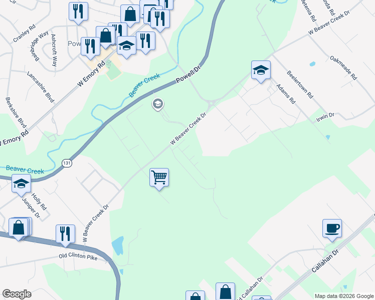 map of restaurants, bars, coffee shops, grocery stores, and more near 2318 Denham Way in Powell
