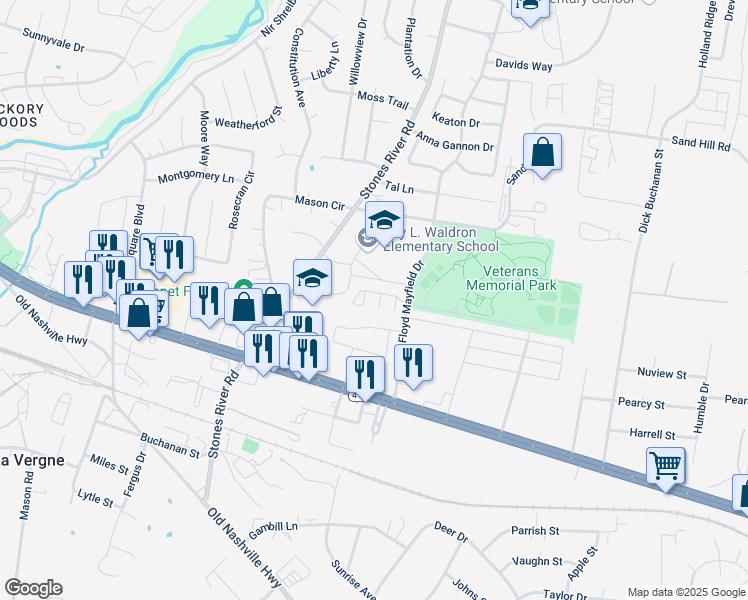 map of restaurants, bars, coffee shops, grocery stores, and more near 954 Ruch Lane in La Vergne