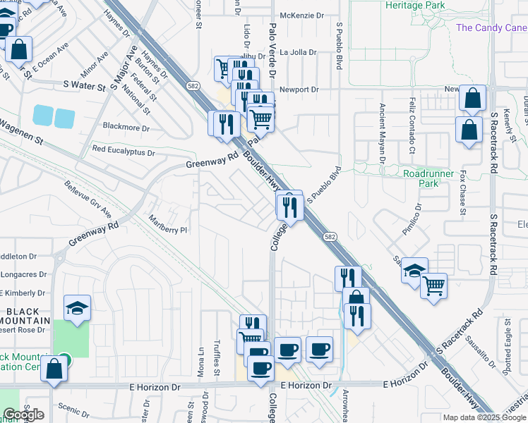 map of restaurants, bars, coffee shops, grocery stores, and more near 668 Tiarella Lane in Henderson
