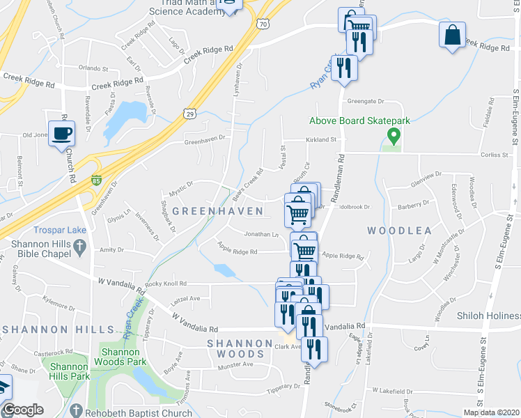 map of restaurants, bars, coffee shops, grocery stores, and more near 611 Mystic Drive in Greensboro