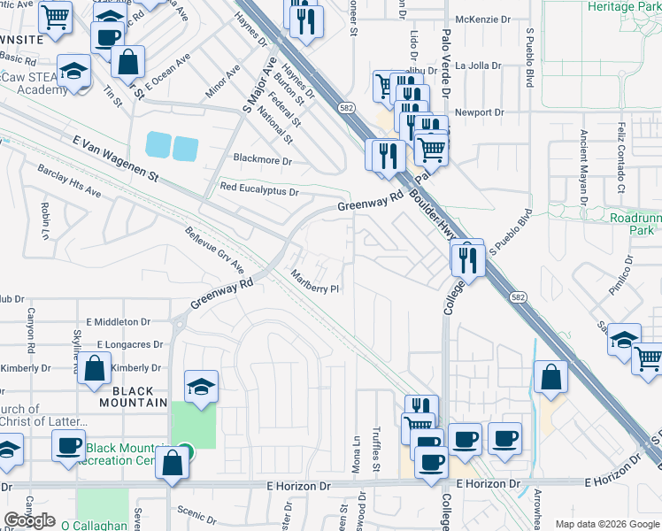 map of restaurants, bars, coffee shops, grocery stores, and more near 664 Jumbled Sage Court in Henderson