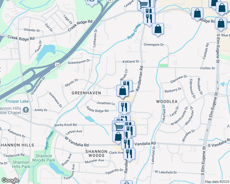 map of restaurants, bars, coffee shops, grocery stores, and more near 521 Mystic Drive in Greensboro