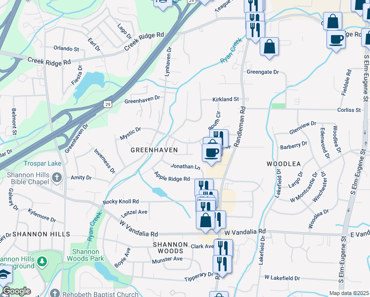 map of restaurants, bars, coffee shops, grocery stores, and more near 611 Mystic Drive in Greensboro