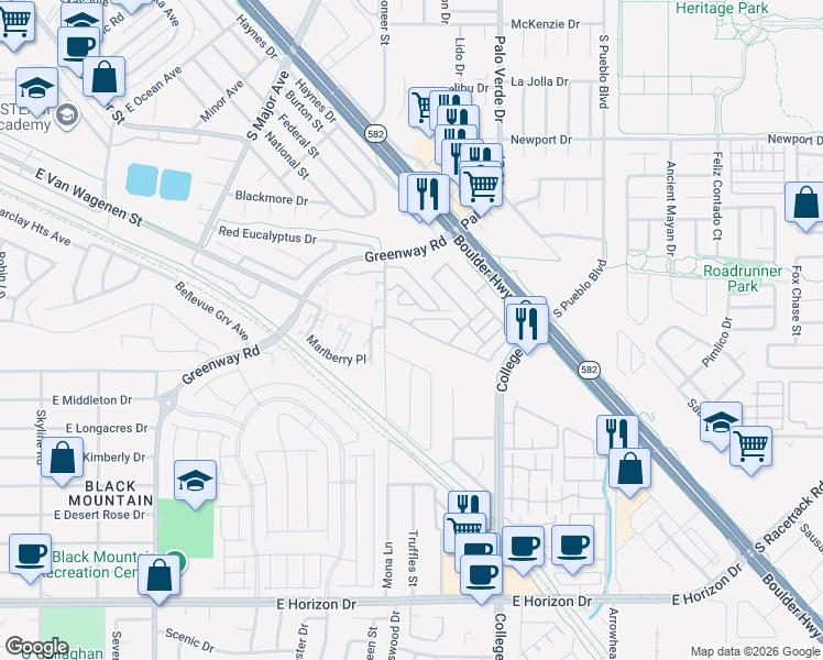 map of restaurants, bars, coffee shops, grocery stores, and more near 611 Diamond Drive in Henderson