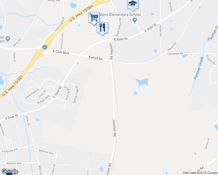 map of restaurants, bars, coffee shops, grocery stores, and more near 1227 Junction Road in Durham