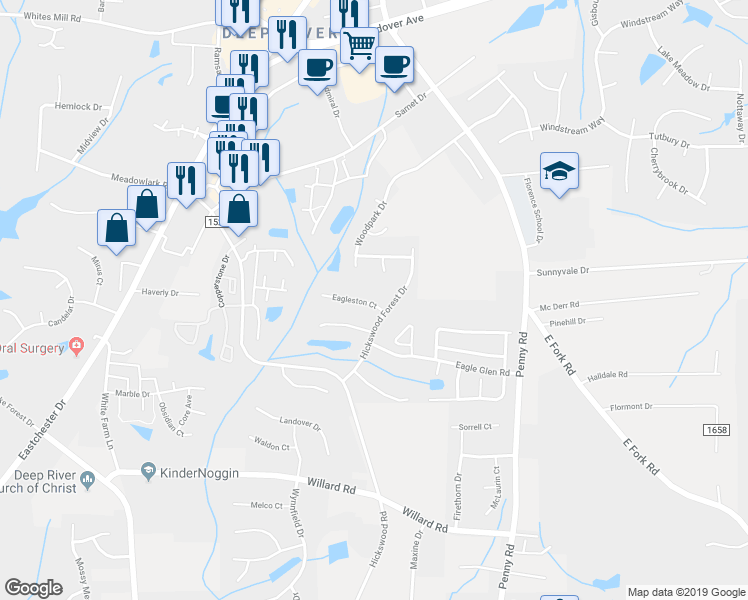 map of restaurants, bars, coffee shops, grocery stores, and more near 3895 Eagleston Court in High Point