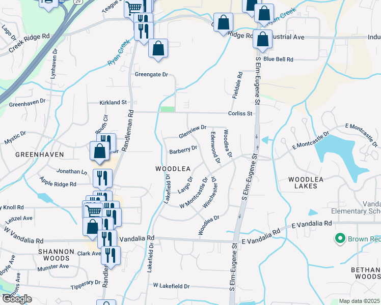 map of restaurants, bars, coffee shops, grocery stores, and more near 3202 Winchester Drive in Greensboro