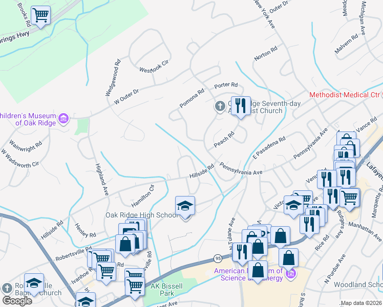 map of restaurants, bars, coffee shops, grocery stores, and more near 106 Hunter Circle in Oak Ridge