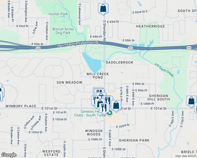 map of restaurants, bars, coffee shops, grocery stores, and more near 6303 East 98th Place in Tulsa