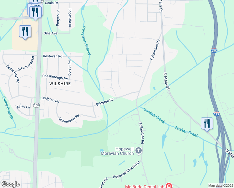 map of restaurants, bars, coffee shops, grocery stores, and more near 4973 Bridgton Place Drive in Winston-Salem
