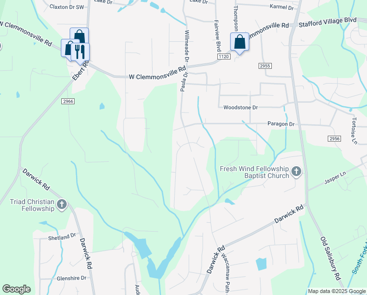 map of restaurants, bars, coffee shops, grocery stores, and more near 2016 Bethany Trace Lane in Winston-Salem