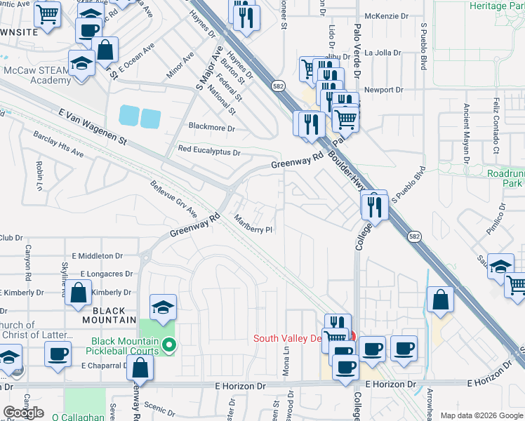 map of restaurants, bars, coffee shops, grocery stores, and more near 672 Jumbled Sage Court in Henderson