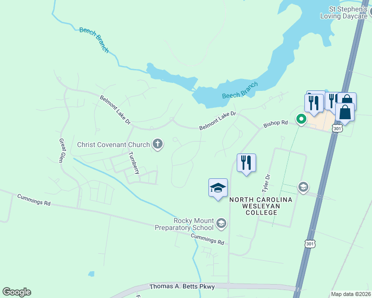 map of restaurants, bars, coffee shops, grocery stores, and more near 617-629 Chimney Hill Way in Rocky Mount