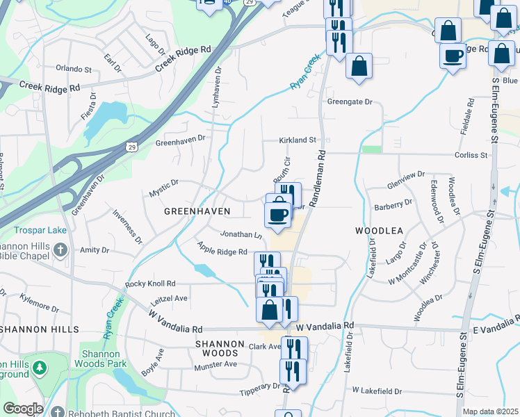 map of restaurants, bars, coffee shops, grocery stores, and more near 521 Mystic Drive in Greensboro