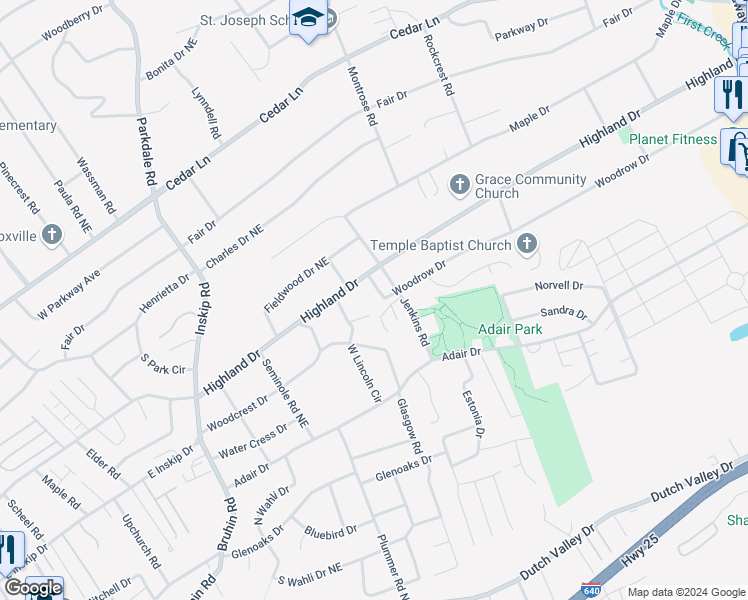 map of restaurants, bars, coffee shops, grocery stores, and more near 1609 Woodrow Drive in Knoxville