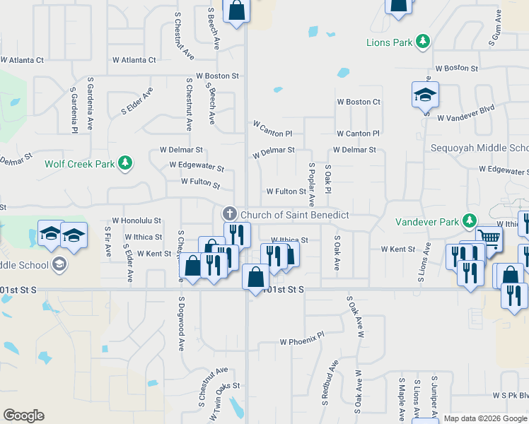 map of restaurants, bars, coffee shops, grocery stores, and more near 2013 West Gary Street in Broken Arrow