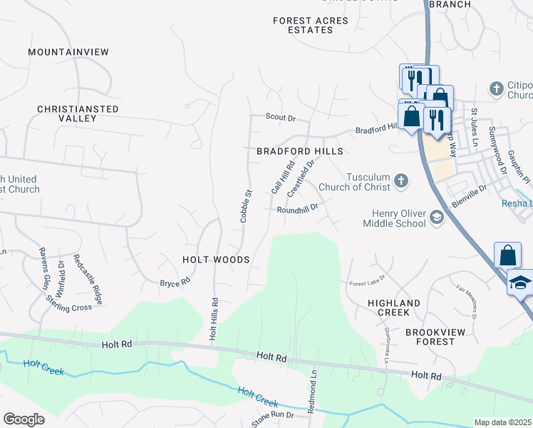 map of restaurants, bars, coffee shops, grocery stores, and more near 601 Roundhill Place in Nashville