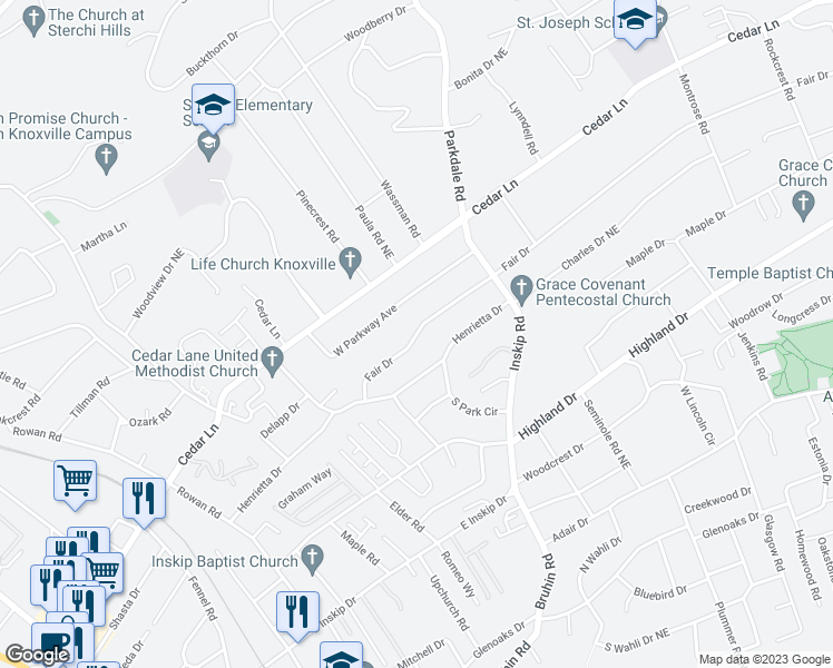 map of restaurants, bars, coffee shops, grocery stores, and more near 1017 Fair Drive in Knoxville
