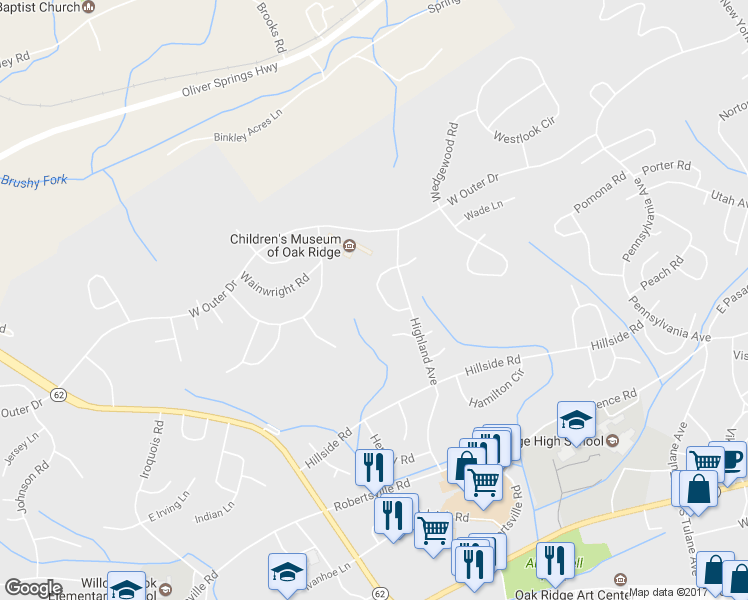 map of restaurants, bars, coffee shops, grocery stores, and more near 123 North Hollywood Circle in Oak Ridge