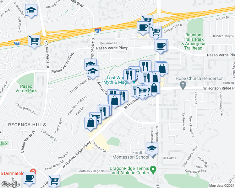map of restaurants, bars, coffee shops, grocery stores, and more near 1490 Rancho Navarro Street in Henderson