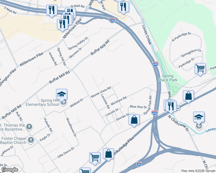 map of restaurants, bars, coffee shops, grocery stores, and more near 5013 Monte Vista Road in Knoxville