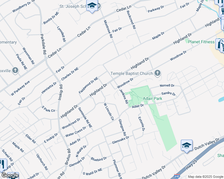 map of restaurants, bars, coffee shops, grocery stores, and more near 1609 Woodrow Drive in Knoxville