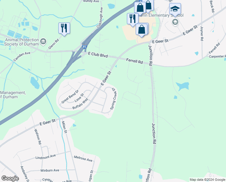 map of restaurants, bars, coffee shops, grocery stores, and more near 2043 Spring Creek Drive in Durham