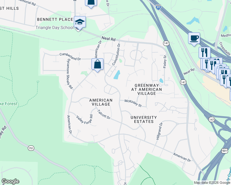 map of restaurants, bars, coffee shops, grocery stores, and more near 90 Intuition Circle in Durham