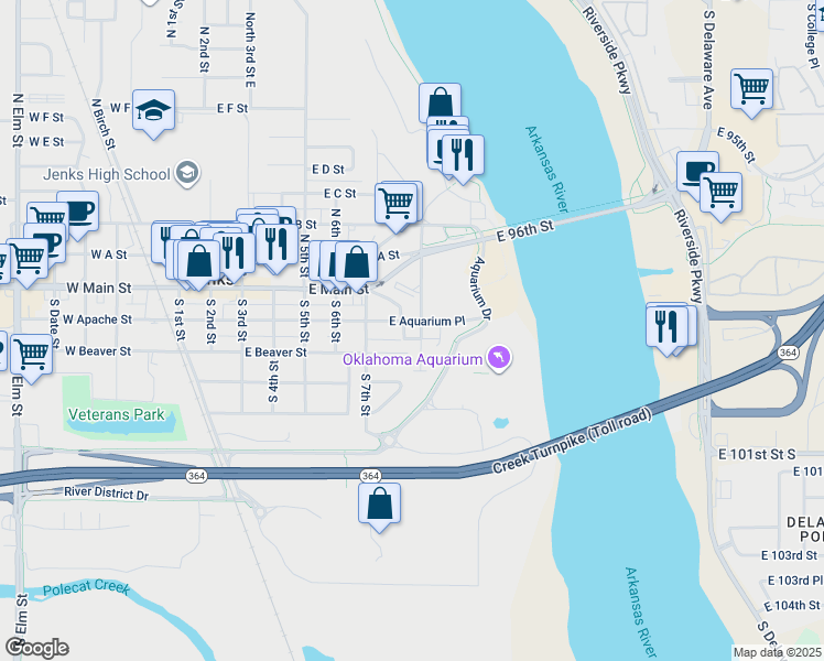 map of restaurants, bars, coffee shops, grocery stores, and more near 204 South Riverfront Drive in Jenks