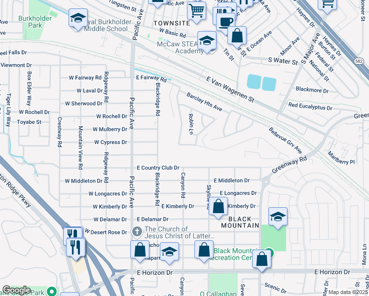 map of restaurants, bars, coffee shops, grocery stores, and more near 611 East Fairway Road in Henderson