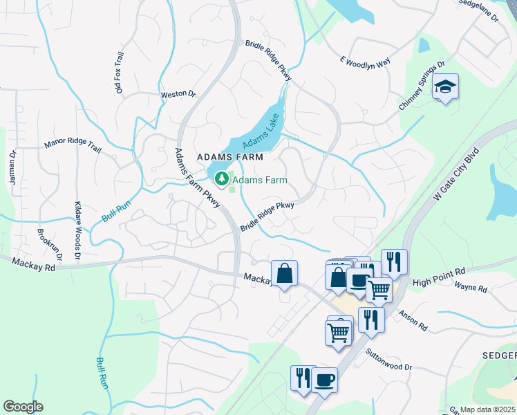 map of restaurants, bars, coffee shops, grocery stores, and more near 11 Downing Ridge Ct in Greensboro