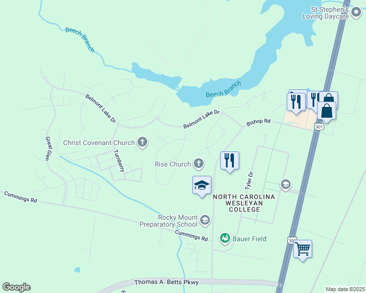 map of restaurants, bars, coffee shops, grocery stores, and more near Chimney Hill Trail in Rocky Mount