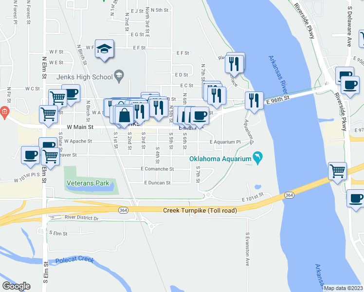 map of restaurants, bars, coffee shops, grocery stores, and more near 212 South 6th Street in Jenks