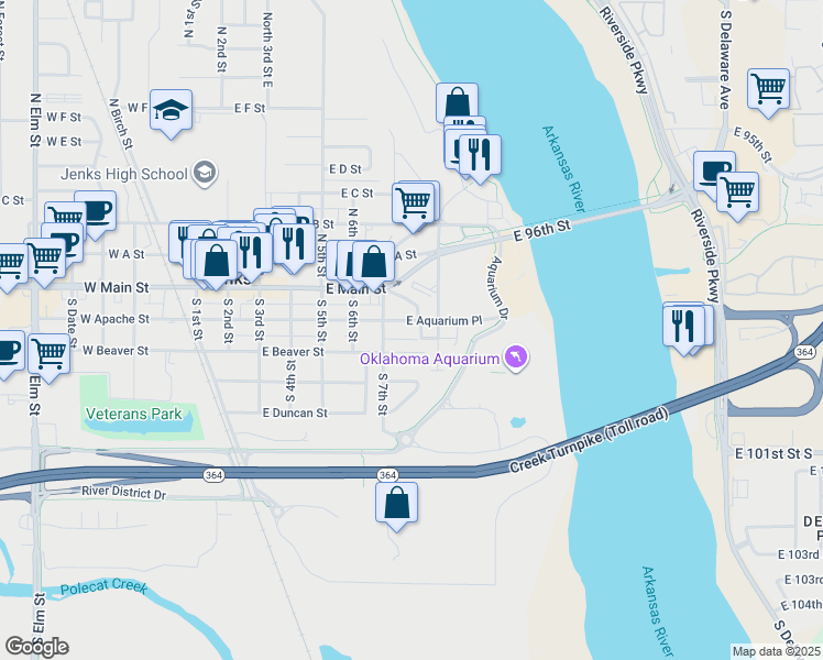 map of restaurants, bars, coffee shops, grocery stores, and more near 719 East Apache Place in Jenks