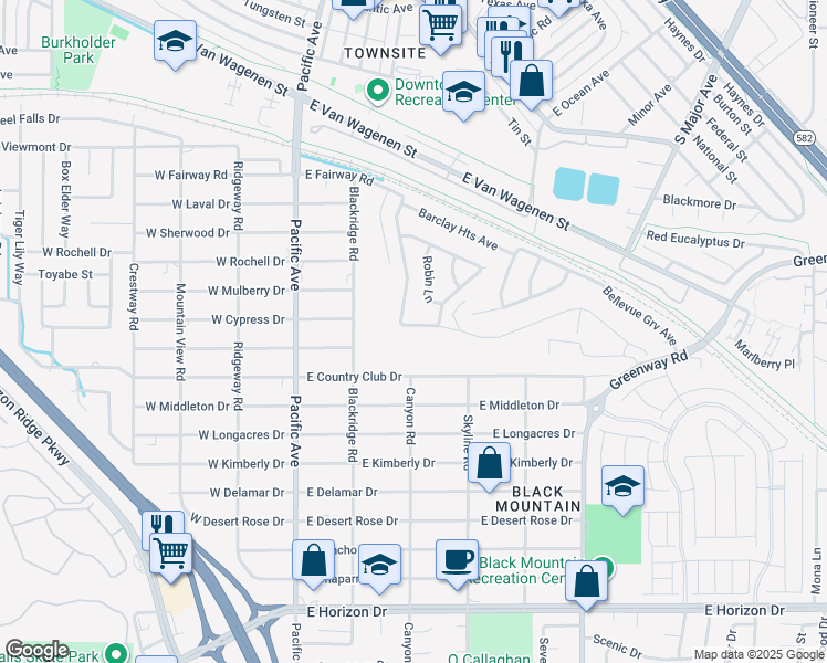 map of restaurants, bars, coffee shops, grocery stores, and more near 611 East Fairway Road in Henderson
