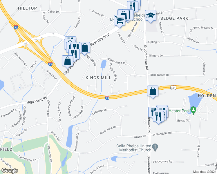 map of restaurants, bars, coffee shops, grocery stores, and more near 4403 Bewcastle Court in Greensboro