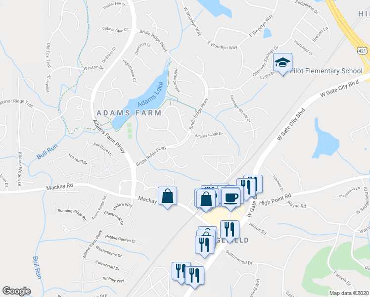 map of restaurants, bars, coffee shops, grocery stores, and more near 12 Printers Lane in Greensboro