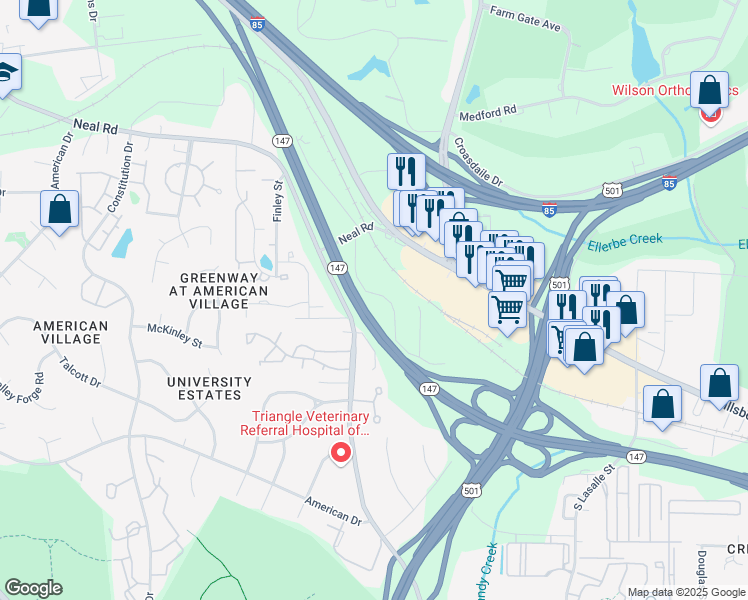 map of restaurants, bars, coffee shops, grocery stores, and more near 208 Bridgefield Place in Durham