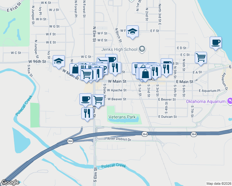 map of restaurants, bars, coffee shops, grocery stores, and more near 324 West Aquarium Place in Jenks